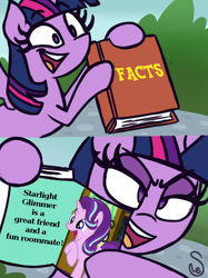 Size: 760x1015 | Tagged: safe, artist:quarium edits, edit, screencap, starlight glimmer, twilight sparkle, twilight sparkle (alicorn), alicorn, pony, unicorn, triple threat, 2 panel comic, bipedal, book, comic, cropped, cute, drama, ed edd n eddy, everything went better than expected, excited, exploitable, exploitable meme, female, glare, glimmerbetes, good end, happy, hoof hold, lidded eyes, mare, meme, mouthpiece, open mouth, pointing, raised hoof, smiling, smirk, starlight drama, starlight drama drama, subverted meme, text, twilight's fact book, wide eyes