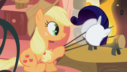 Size: 640x360 | Tagged: safe, edit, edited screencap, screencap, applejack, rarity, earth pony, pony, look before you sleep, applejack's special marshmallows, buttface, disembodied head, disembodied plot, exploitable meme, fireplace, marshmallow, meme, plot, rarity is a marshmallow, wat