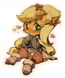 Size: 1280x1530 | Tagged: safe, artist:rikose, applejack, earth pony, pony, semi-anthro, blushing, clothes, flower, flower in hair, heart, sitting, solo