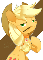 Size: 872x1200 | Tagged: safe, artist:sion, applejack, earth pony, pony, ask pet applejack, collar, female, food, mare, mouth hold, pocky, raised hoof, solo, wavy mouth