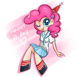 Size: 3000x3000 | Tagged: safe, artist:suzuii, pinkie pie, human, :p, abstract background, clothes, colored pupils, cute, female, happy birthday, heart, humanized, looking at you, sailor uniform, school uniform, schoolgirl, sitting, smiling, solo, tongue out, wink