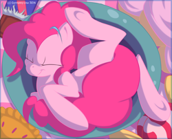 Size: 1024x824 | Tagged: safe, artist:dynamo-deepblue, pinkie pie, earth pony, pony, back twist, bowl, chocolate, pie, sleeping, solo, underhoof