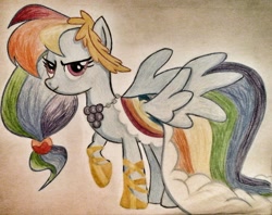 Size: 1024x811 | Tagged: safe, artist:magical-reality, derpibooru import, rainbow dash, pegasus, pony, clothes, dress, gala dress, solo, traditional art