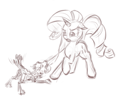 Size: 993x802 | Tagged: safe, artist:scootiebloom, rarity, pony, timber wolf, unicorn, monochrome, puppy