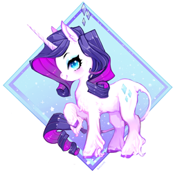 Size: 1200x1200 | Tagged: safe, artist:costly, rarity, classical unicorn, pony, unicorn, abstract background, chest fluff, colored hooves, cute, female, leg fluff, leonine tail, mare, profile, raribetes, solo, unshorn fetlocks