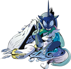 Size: 2298x2234 | Tagged: safe, artist:andypriceart, artist:dsana, princess celestia, princess luna, alicorn, pony, spoiler:comic, spoiler:comic17, bruised, crying, eyes closed, feather, floppy ears, gritted teeth, hug, injured, simple background, transparent background, vector