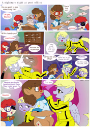 Size: 5784x8176 | Tagged: safe, artist:jeremy3, derpy hooves, dinky hooves, twist, oc, oc:trissie, earth pony, pegasus, pony, unicorn, absurd resolution, boop, clothes, comic, comic sans, costume, eyepatch, female, filly, glasses, heart, katana, kill bill, nightmare night, nightmare night costume, pirate, post office, sword, weapon