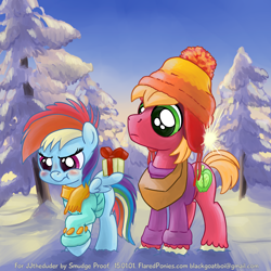 Size: 1800x1800 | Tagged: safe, artist:smudge proof, derpibooru import, big macintosh, rainbow dash, earth pony, pegasus, pony, :t, blushing, clothes, commission, firefly (series), forest, hat, male, outdoors, present, rainbowmac, scrunchy face, shipping, snow, stallion, straight, sweater, toy ship, tsunderainbow, tsundere, young, younger