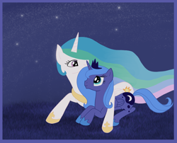 Size: 4616x3728 | Tagged: safe, artist:luciekj, princess celestia, princess luna, alicorn, pony, hug, night, s1 luna