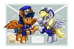 Size: 1314x876 | Tagged: safe, artist:bcpony, derpy hooves, oc, oc:lightning rider, pegasus, pony, background pony, hoofbump, mailpony