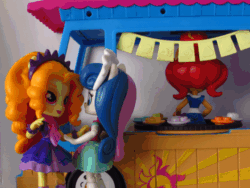Size: 540x405 | Tagged: safe, artist:whatthehell!?, adagio dazzle, bon bon, sunset shimmer, sweetie drops, equestria girls, animated, clothes, doll, equestria girls minis, food, skirt, sunset sushi, sushi, toy, truck