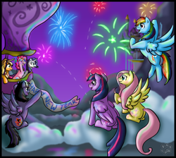 Size: 2040x1827 | Tagged: safe, artist:stormblaze-pegasus, derpibooru import, applejack, fluttershy, pinkie pie, rainbow dash, rarity, twilight sparkle, twilight sparkle (alicorn), oc, alicorn, earth pony, pegasus, pony, unicorn, canterlot, cloud, female, fireworks, hot air balloon, mane six, mare, new year, night
