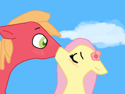 Size: 1280x960 | Tagged: safe, artist:amaya-loves-you, big macintosh, fluttershy, earth pony, pegasus, pony, blushing, fluttermac, kissing, male, shipping, stallion, straight, surprise kiss, surprised