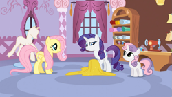 Size: 1365x768 | Tagged: safe, screencap, fluttershy, rarity, sweetie belle, pegasus, pony, unicorn, stare master