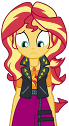 Size: 1127x2048 | Tagged: safe, artist:thebarsection, sunset shimmer, better together, display of affection, equestria girls, clothes, female, geode of empathy, jacket, leather jacket, magical geodes, sad, simple background, skirt, solo, transparent background