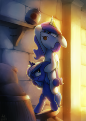 Size: 4677x6615 | Tagged: safe, artist:anticular, derpibooru import, princess celestia, princess luna, alicorn, pony, :p, absurd resolution, ask sunshine and moonbeams, cewestia, cookie jar, cute, cutelestia, duo, female, filly, floppy ears, frown, glare, jar, lunabetes, smiling, smirk, stool, teamwork, tongue out, wink, woona