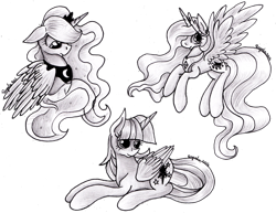 Size: 2218x1708 | Tagged: safe, artist:julunis14, princess celestia, princess luna, twilight sparkle, twilight sparkle (alicorn), alicorn, pony, female, floppy ears, flying, mare, monochrome, prone, traditional art