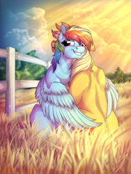 Size: 3000x4000 | Tagged: safe, artist:lupiarts, derpibooru import, applejack, rainbow dash, earth pony, pegasus, pony, appledash, butt touch, color porn, crepuscular rays, cute, dashabetes, feathermarking, female, fence, grass, hug, lesbian, mare, never doubt tchernobog's involvement, shipping, sitting, winghug