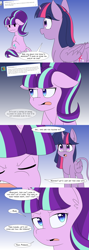 Size: 1000x2800 | Tagged: safe, starlight glimmer, twilight sparkle, twilight sparkle (alicorn), alicorn, pony, unicorn, series:glimmering spectacle, annoyed, comic, dialogue, leonine tail, sitting, tumblr