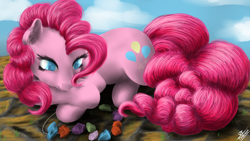 Size: 1920x1080 | Tagged: safe, artist:robbergon, pinkie pie, earth pony, pony, female, mare, pink coat, pink mane, rock candy necklace, solo