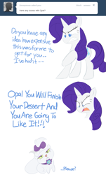 Size: 703x1167 | Tagged: safe, artist:bambooharvester, opalescence, rarity, pony, unicorn, ask, comic, rarity replies, tumblr