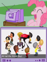 Size: 728x972 | Tagged: safe, pinkie pie, earth pony, pony, 3ds, all hail the virtual boy, exploitable meme, eyes closed, female, mare, meme, mii, nintendo, obligatory pony, open mouth, reggie fils-aime, satoru iwata, tomodachi life, tv meme, virtual boy