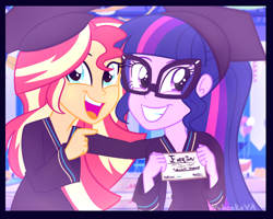 Size: 1000x800 | Tagged: dead source, safe, artist:wubcakeva, sci-twi, sunset shimmer, twilight sparkle, equestria girls, clothes, everton, glasses, graduation, graduation cap, hat, looking at you, smiling