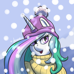 Size: 900x900 | Tagged: safe, artist:draneas, princess celestia, alicorn, pony, 30 minute art challenge, clothes, hat, looking at you, open mouth, snow, snowfall, solo, sweater