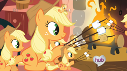 Size: 1920x1080 | Tagged: safe, edit, edited screencap, screencap, applejack, earth pony, pony, look before you sleep, applejack's special marshmallows, exploitable meme, fireplace, food, hub logo, jackletree, meme, multeity