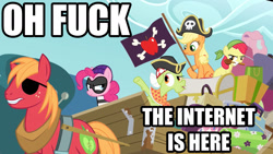 Size: 1280x720 | Tagged: safe, screencap, apple bloom, big macintosh, granny smith, pinkie pie, earth pony, pony, pinkie apple pie, image macro, internet, male, meme, pirate, stallion, vulgar