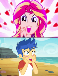 Size: 2936x3832 | Tagged: safe, edit, screencap, flash sentry, sunset shimmer, better together, eqg summertime shorts, equestria girls, pet project, spring breakdown, crossing the memes, female, flashimmer, male, meme, shimmering the gecko, shipping, shipping domino, starry eyes, straight, wingding eyes