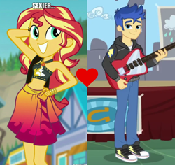 Size: 696x658 | Tagged: safe, edit, edited screencap, screencap, flash sentry, sunset shimmer, best trends forever, better together, equestria girls, forgotten friendship, converse, female, flashimmer, male, shipping, shipping domino, shoes, straight