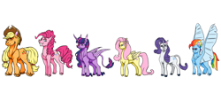 Size: 1559x709 | Tagged: safe, artist:valo-son, derpibooru import, applejack, fluttershy, pinkie pie, rainbow dash, rarity, twilight sparkle, twilight sparkle (alicorn), alicorn, classical unicorn, earth pony, pegasus, pony, unicorn, cloven hooves, female, leonine tail, mane six, mare, simple background, spread wings, unshorn fetlocks, white background, wings