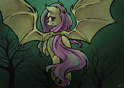 Size: 809x576 | Tagged: safe, artist:veritasket, fluttershy, behind, both cutie marks, dark, flutterbat, flying, looking back, solo