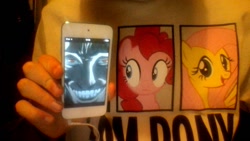 Size: 1280x720 | Tagged: safe, pinkie pie, human, death note, ipod, irl, irl human, juxtaposition, kyosuke higuchi, photo