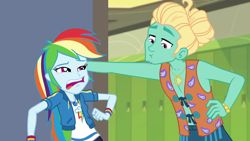 Size: 1280x720 | Tagged: safe, derpibooru import, screencap, rainbow dash, zephyr breeze, better together, equestria girls, overpowered (equestria girls), arms, bare arms, canterlot high, clothes, door, faic, hallway, jacket, locker, lockers, manbun, rainbow dash is best facemaker, vest, zephyr's necklace