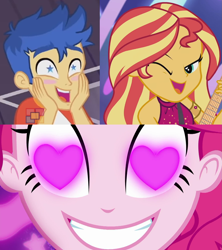 Size: 1791x2015 | Tagged: safe, edit, edited screencap, screencap, flash sentry, pinkie pie, sunset shimmer, coinky-dink world, eqg summertime shorts, equestria girls, equestria girls series, spring breakdown, spoiler:eqg series (season 2), all good (song), female, flashimmer, heart eyes, male, meme, pinkie's eyes, shipping, shipping domino, starry eyes, straight, wingding eyes