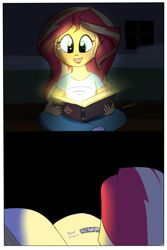 Size: 1000x1500 | Tagged: safe, artist:zouyugi, sunset shimmer, equestria girls, book, clothes, implied twilight sparkle, journal, open mouth, shirt, smiling, solo