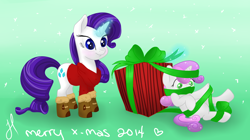 Size: 1024x575 | Tagged: dead source, safe, artist:zombies8mywaffle, rarity, sweetie belle, pony, unicorn, boots, clothes, magic, present, ribbon, sisters, stuck, sweater, sweetie fail, tangled up