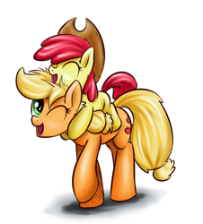 Size: 700x774 | Tagged: safe, artist:xioade, apple bloom, applejack, earth pony, pony, accessory swap, ponies riding ponies, riding, simple background, white background