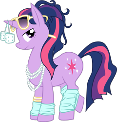 Size: 1563x1627 | Tagged: artist needed, source needed, safe, derpibooru import, twilight sparkle, 80s, alternate hairstyle, fuzzy dice, leg warmers, simple background, solo, sunglasses, transparent background, vector