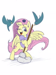 Size: 1536x2048 | Tagged: safe, artist:mickeymonster, fluttershy, bird, pegasus, pony, bipedal, cleaning, clothes, cute, happy, mop, one eye closed, open mouth, smiling, spread wings, tongue out, wink