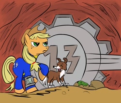 Size: 700x597 | Tagged: artist needed, safe, applejack, winona, earth pony, pony, crossover, fallout, vault