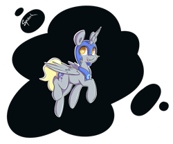 Size: 1359x1132 | Tagged: safe, artist:spaerk, derpy hooves, nightmare moon, pegasus, pony, clothes, costume, fake horn, helmet, looking at you, nightmare derpy, open mouth, raised hoof, solo