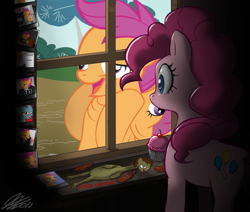 Size: 1200x1016 | Tagged: safe, pinkie pie, scootaloo, earth pony, pony, chickun, exploitable meme, forced meme, meme