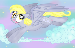 Size: 800x518 | Tagged: safe, artist:andypriceart, artist:krazykari, derpy hooves, pegasus, pony, blushing, female, flying, mare, solo, tongue out