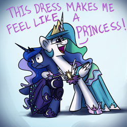 Size: 1200x1200 | Tagged: safe, artist:anticular, derpibooru import, princess celestia, princess luna, alicorn, pony, canterlot boutique, ask sunshine and moonbeams, clothes, dialogue, dress, duo, duo female, female, frown, hug, mare, neck hug, over the moon, princess dress, raised hoof, sibling teasing, tripping the light, trollestia, wide eyes