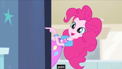 Size: 1274x719 | Tagged: safe, screencap, pinkie pie, equestria girls, guitar centered, rainbow rocks, meme, pointing, redundant, solo, youtube caption