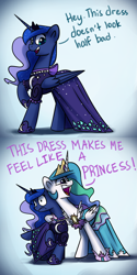 Size: 1200x2400 | Tagged: safe, artist:anticular, derpibooru import, princess celestia, princess luna, alicorn, pony, canterlot boutique, ask sunshine and moonbeams, clothes, dialogue, dress, female, frown, grin, hug, jewelry, mare, neck hug, open mouth, over the moon, princess dress, raised hoof, regalia, shrunken pupils, sibling teasing, smiling, tripping the light, trollestia