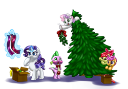 Size: 1200x836 | Tagged: safe, artist:pia-sama, apple bloom, rarity, scootaloo, spike, sweetie belle, dragon, pony, unicorn, blushing, bowtie, christmas, christmas tree, clothes, cutie mark crusaders, embarrassed, female, grin, hiding, magic, male, mistletoe, open mouth, pouting, scarf, shipper on deck, shipping, smiling, sparity, straight, telekinesis, thinking, tree